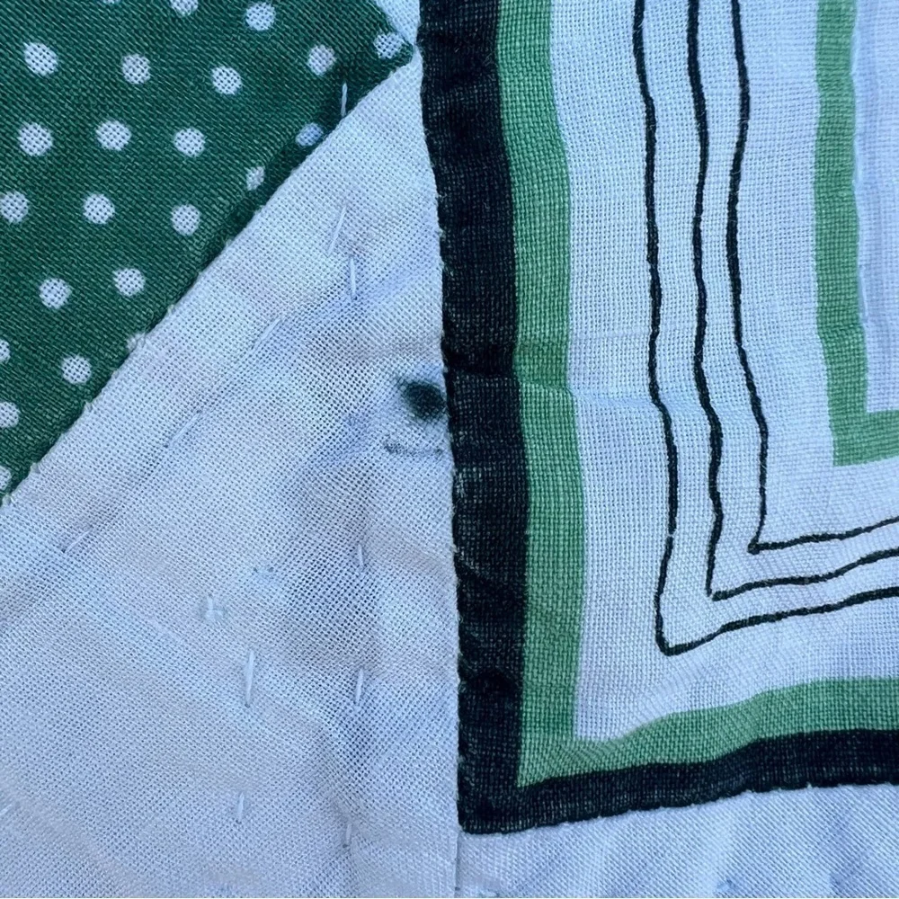 VTG Garden Block Quilt Floral Striped Reversible Hand Sewn Pink Green 82x84 FLAW